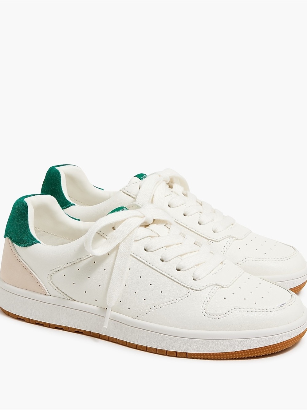 J. Crew White Sneakers with Green Heel Tab and Tan Sole